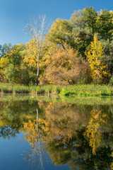 Landscape with the image of autumn trees with reflection in the water of the river on a clear sunny day