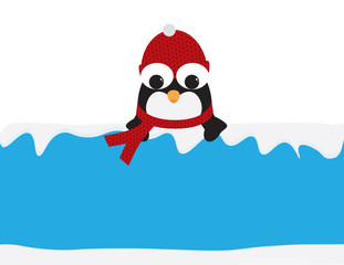 Cute Penguin with Red Beanie and scarf  behind a Blue sign with snow