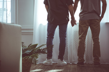 Cropped portrait of two guys standing together near window with white curtains
