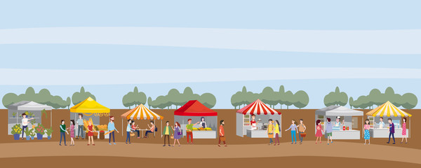 Outdoor festival with food trucks, awnings, tents, ice cream, coffee, hot dog, flowers, bakery, walking people, men and women buying and selling goods at park autumn. Flat cartoon vector illustration
