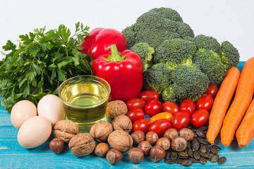 Healthy food, dieting concept. Assortment of high vitamin E sources.