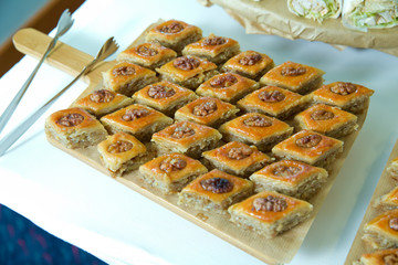 Azerbaijan baklava. Traditional Azerbaijan dessert baklava. Sweet Azerbaijan pastry closeup baklava. Paxlava is available for guests at the hotel . Pakhlava