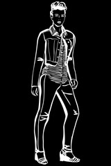  vector sketch of a girl in a striped T-shirt and jeans