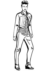  vector sketch of a girl in a striped T-shirt and jeans