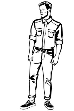 vector sketch of a young man with a beard in moccasins