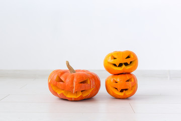 Halloween pumpkin heads jack lantern with scary evil faces spooky holiday