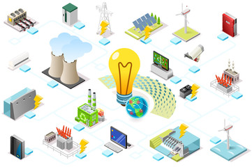 Power grid infographic, generating of power consumption. Energy element on line transmission. Station with high voltage socket. Flat isometric flowchart concept with characters. Vector illustration.