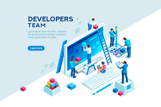 Engineer team at project development, template for developer. Coding develop, programmer at computer or workstation for business. Concept with character, flat isometric vector illustration