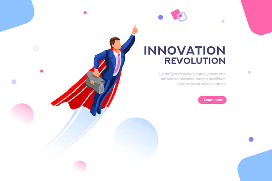 Technology transformation from digital success to income up. Imagination and innovation, start-up plan. Adult winner in the space. Concept with character with text. Flat isometric vector illustration