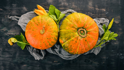 Pumpkin. Fresh vegetables. On a black background. Free space for text. Top view.