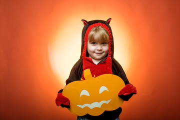 Trick or treat. Happy halloween with pumpkins on red background. Witch hat. Halloween party. Happy...