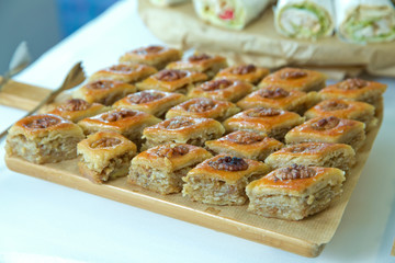 Azerbaijan baklava. Traditional Azerbaijan dessert baklava. Sweet Azerbaijan pastry closeup baklava. Paxlava is available for guests at the hotel . Pakhlava