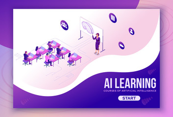 Artificial intelligence lerning courses concept with isometric people, 3d illustration with ai, modern concept of online learning, landing page background