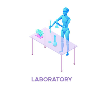 Robot in laboratory with glassware and flask, laborant experimenting with chemicals isometric 3d vector illustration with ai technology in pharmacy and biology, artificial intelligence in medicine