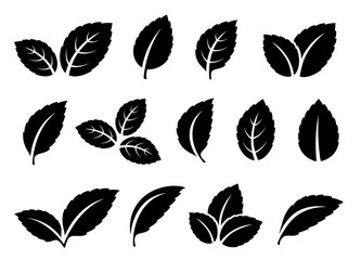 black mint leaves set icons on white