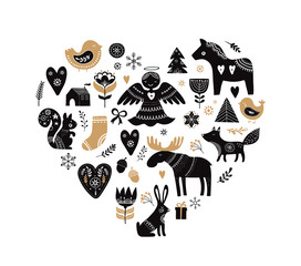 Naklejka premium Christmas illustrations, banner design hand drawn elements in Scandinavian style