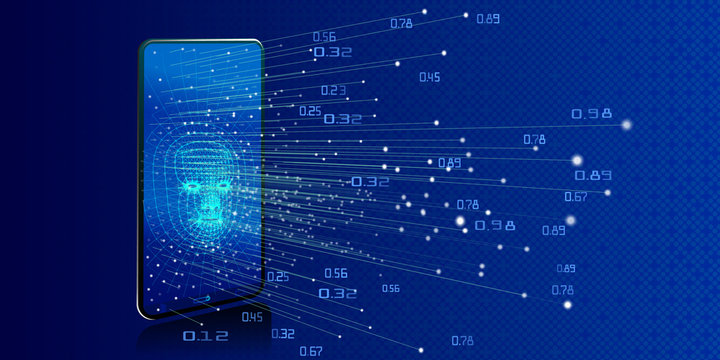 Smartphone with face human graphs design infographic on blue background. Mobile phone with liniar analysis diagram. Vector illustration.