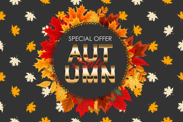 Abstract Vector Illustration Autumn Sale Background with Falling Autumn Leaves