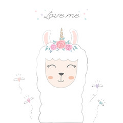 Cute llama head with flower crown. 