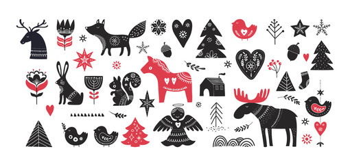 Christmas illustrations, banner design hand drawn elements in Scandinavian style