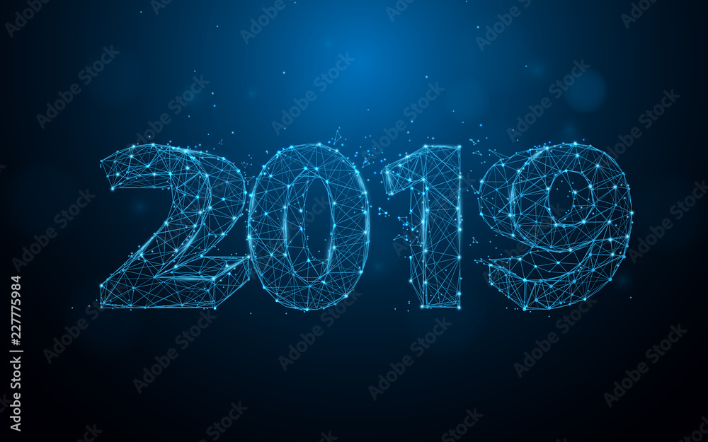 Poster new years 2019 form lines, triangles and particle style design. illustration vector