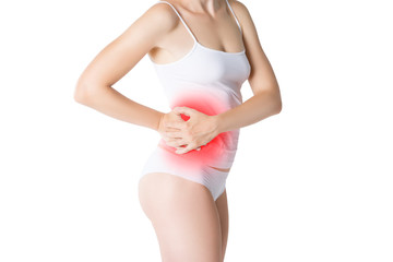 Woman with abdominal pain, stomachache isolated on white background