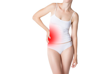Woman with abdominal pain, stomachache isolated on white background