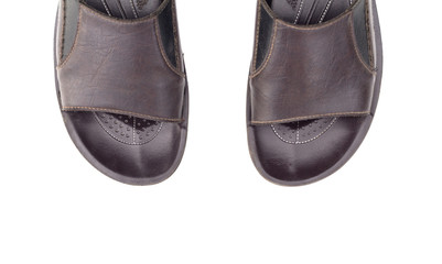 Men's leather sandals isolated on white background top view
