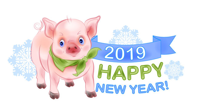 Funny  little piggy is the symbol of 2019. New Year design with pig and snowflakes. Chinese New Year is the year of the pig. Watercolor style.