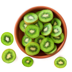 Fresh Kiwi fruits in a bowl  isolated on white background. Top view