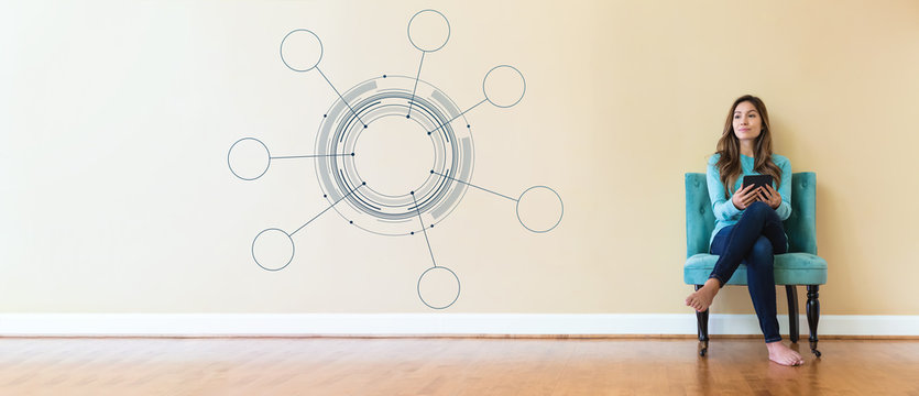 Tech circle with young woman holding a tablet computer