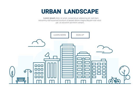 Landscape building on city concept. .design for urban cityscape theme landing page website. Thine Line art.