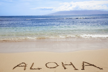 word written in sand on beach
