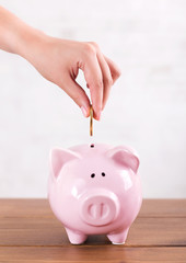 Saving money. Woman putting coin into piggy bank