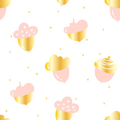 Autumn pattern with cute pink acorns and golden points on white background. Ornament for textile and wrapping. Vector.