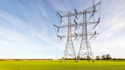 Double row of power lines and pylons in a flat Dutch  rural landscape