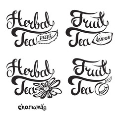 Vector illustration with hand-drawn lettering. Tea time set for prints and posters, menu design, invitation and greeting cards. Calligraphic collection