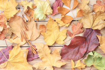 Autumn leaves on wooden background