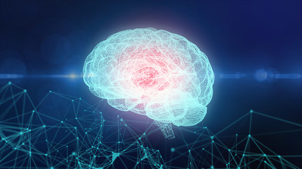 Concept of an Active Human Brain on a Dark Background.Blurry abstract  3d Rendering Abstract Background blue  Network concept . Future backgroundTechnology concept.