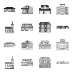 Vector illustration of building and front logo. Collection of building and roof vector icon for stock.