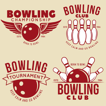 Set Of Vector Vintage Bowling Logo, Icons And Symbols. Bowling Ball And Bowling Pins Illustration. Trendy Design Elements.