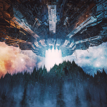 The invasion begins / 3D illustration of science fiction scene with giant alien spaceship hovering in the sky over wooded mountain landscape at night
