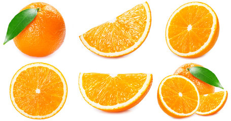 Fresh orange fruit with slices and leaf on white background