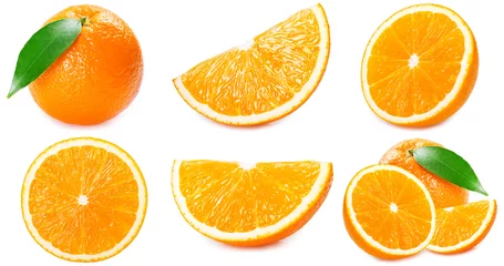Zelfklevend Fotobehang Fresh orange fruit with slices and leaf on white background © valery121283