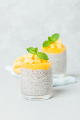 Chia seeds pudding with mango puree in beautiful glasses with green mint leaves and cut fresh ripe...