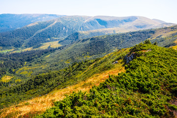 beautiful mountain landscape, mountain ridge and a valley with forest