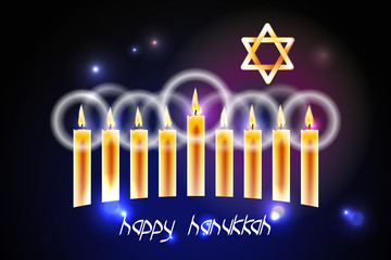 Nine realistic candles at menorah Traditional Candelabra and Star of David on a dark magic background - banner for Hanukkah Chanukah. Vector Greeting card for traditional jewish Israel holiday