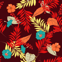 Beautiful summer  Hawaii print vector seamless beautiful artistic Bright summer tropical pattern with exotic forest. Colorful original stylish floral mix with leaves  background