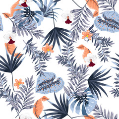 Hawaii print vector seamless beautiful artistic Bright summer tropical pattern with exotic forest. Colorful original stylish floral mix with leaves  background