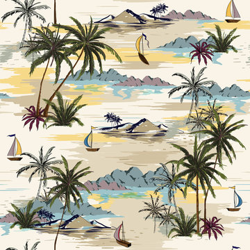 Vintage Beautiful seamless island pattern on white background. Landscape with palm trees,beach and ocean vector hand drawn style